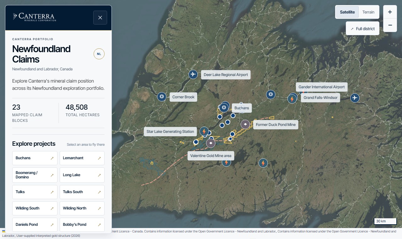 Canterra Minerals interactive Newfoundland map with project navigation, claim outlines, infrastructure markers, and satellite imagery